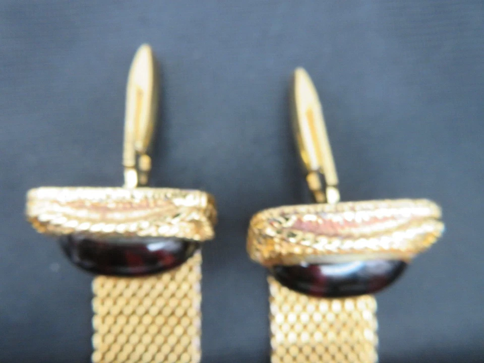 Gemelos envolventes de malla ovalada piedra ágata marrón dorado vintage espalda de bala Foto 4 de 4