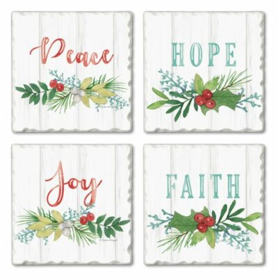 Winter Greenery Joy Faith Peace Christmas Tumbled Tile Stoneware Coasters Set 4