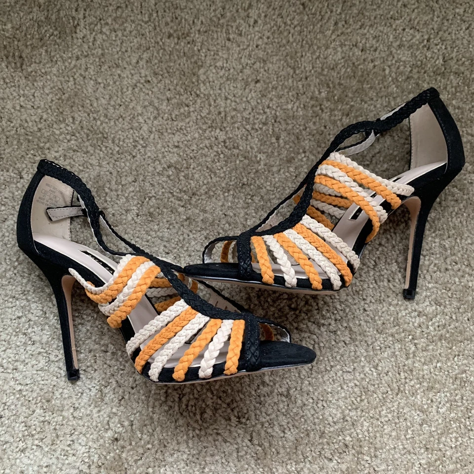NUEVAS Sandalias Zara Naranja Negro Beige Tacón Trenzado Talla 10 41 6802/301 Foto 2 de 4
