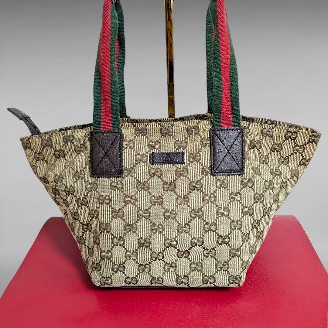 GUCCI Shelly Line GG Pattern Mini Tote Bag Beige Canvas 7.5 x 14.6 x 7.1 inch
