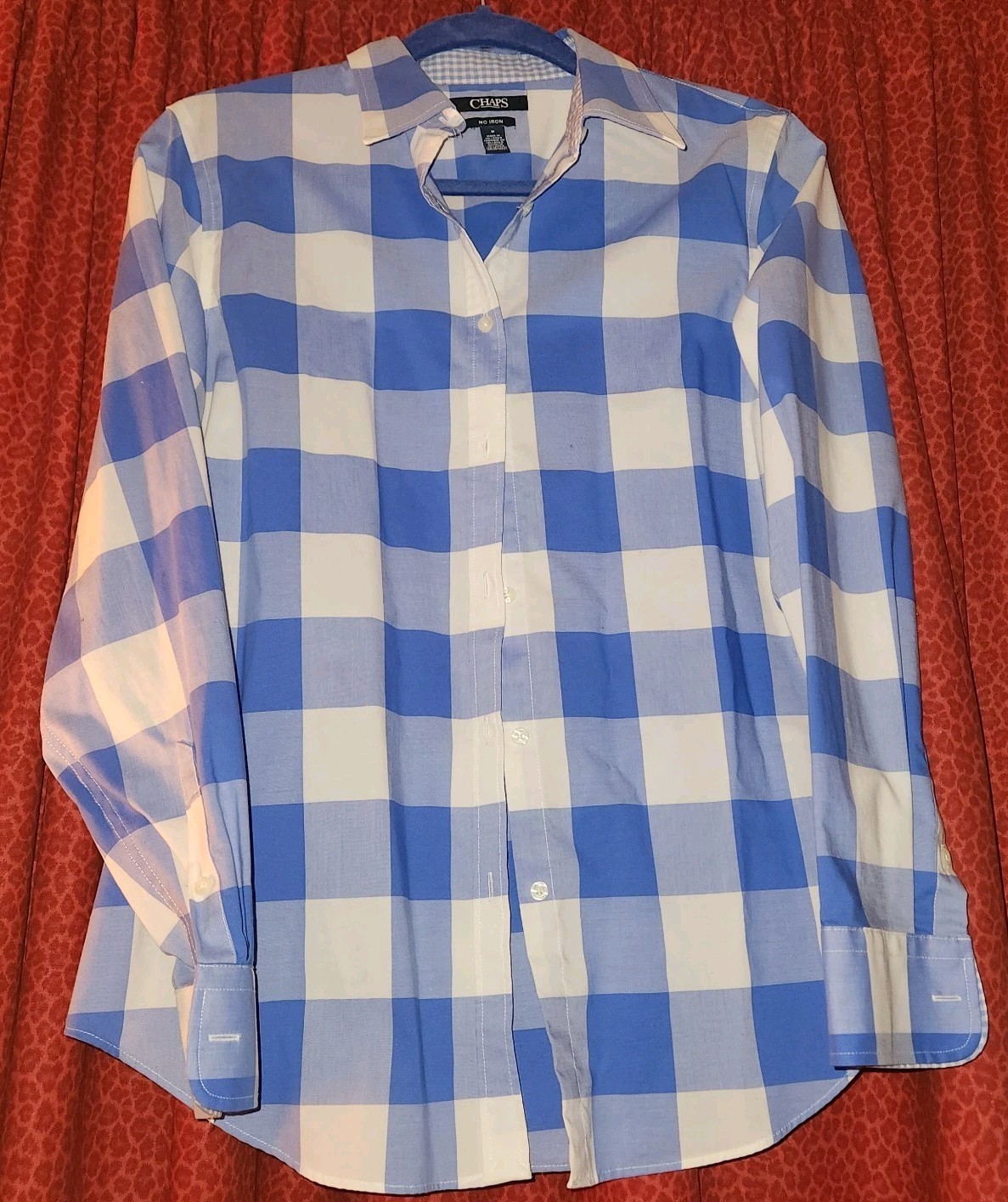 Womans Chaps No Iron Button Up Blue And White Plaid  Long Sleeve Shirt Size M