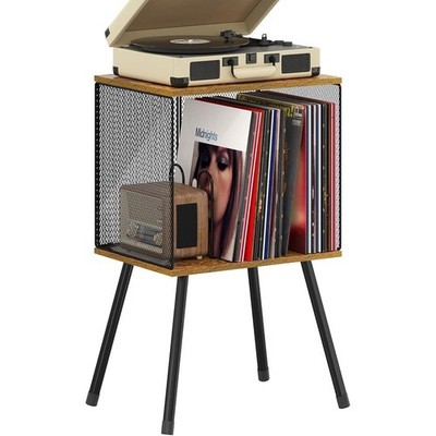 Vintage Vinyl Record Storage Table Multi-Function Turntable Stand W/ Mesh Design