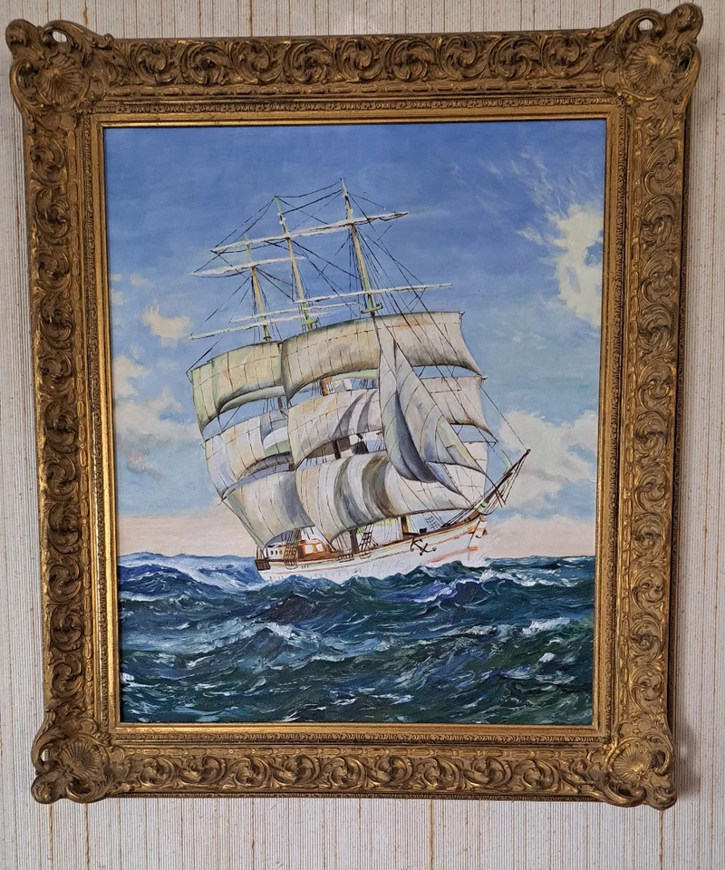 Ölgemälde auf Leinen , Segelschiff im Sturm, Handgemalt und Gerahmt signiert - Bild 1 von 2
