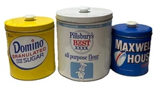 Set Of 3 JL Clark Vintage Pillsbury Maxwell House Domino Sugar Tins Canister Set
