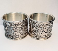 Ornate Napkin Rings Silverplate Cupids Putti Pair Rococo Vintage
