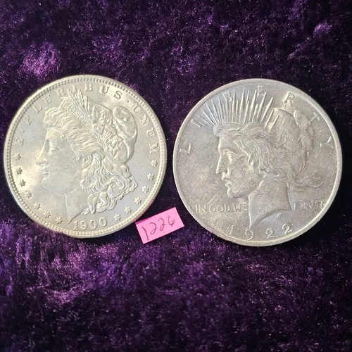LOT of 2 🇺🇲🔥Beautiful AU-BU 👀🔥1900 Morgan & 1922 Peace Silver Dollars 1226