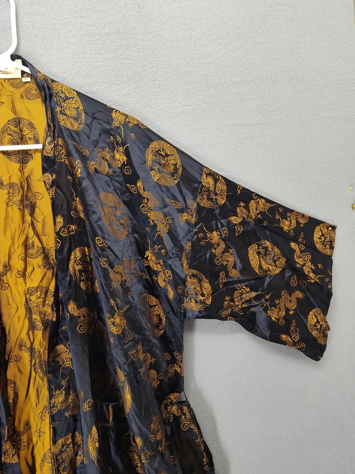 Da Hua Bata Para Hombres Grande Negro Dorado Dragón Kimono Satinado Salón Baño Vestido F2 Asiático Foto 3 de 4