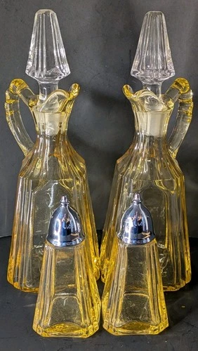 Set Fostoria Glass Cruets w/stoppers Mayfair w/S&P  set Topaz Yellow  1930-40s