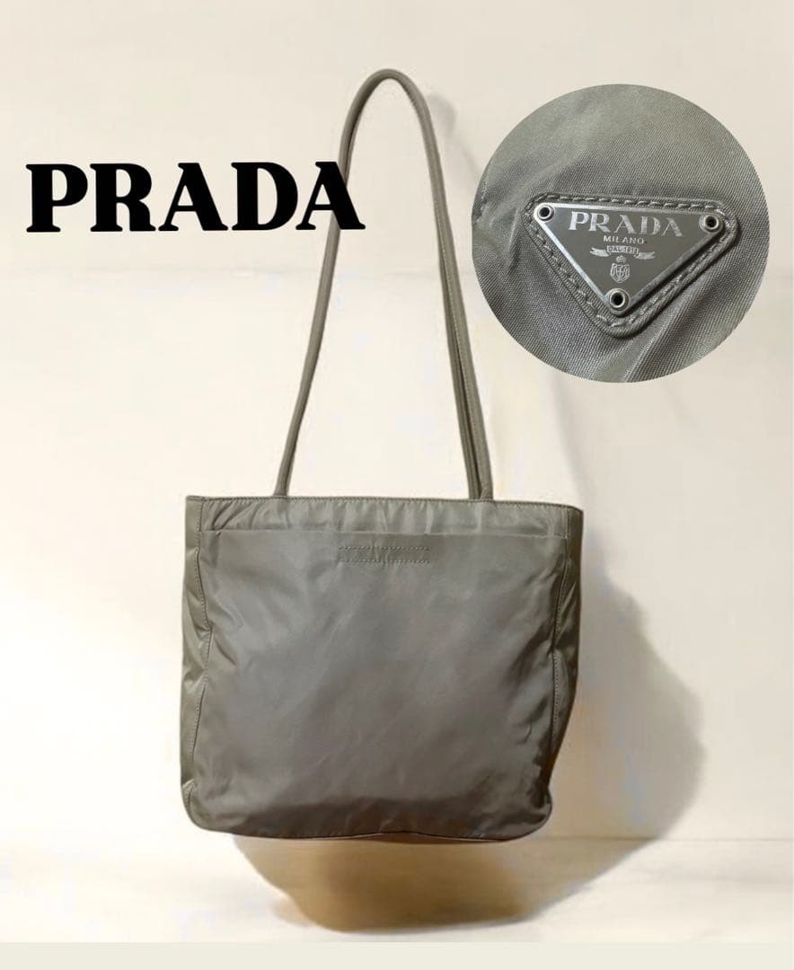 Excellent Condition PRADA Shoulder Tote Bag Khaki Gray Greige