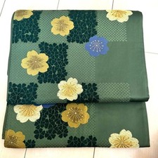 Obi belt Green floral lattice silk Authentic Ready to use Rare Vintage