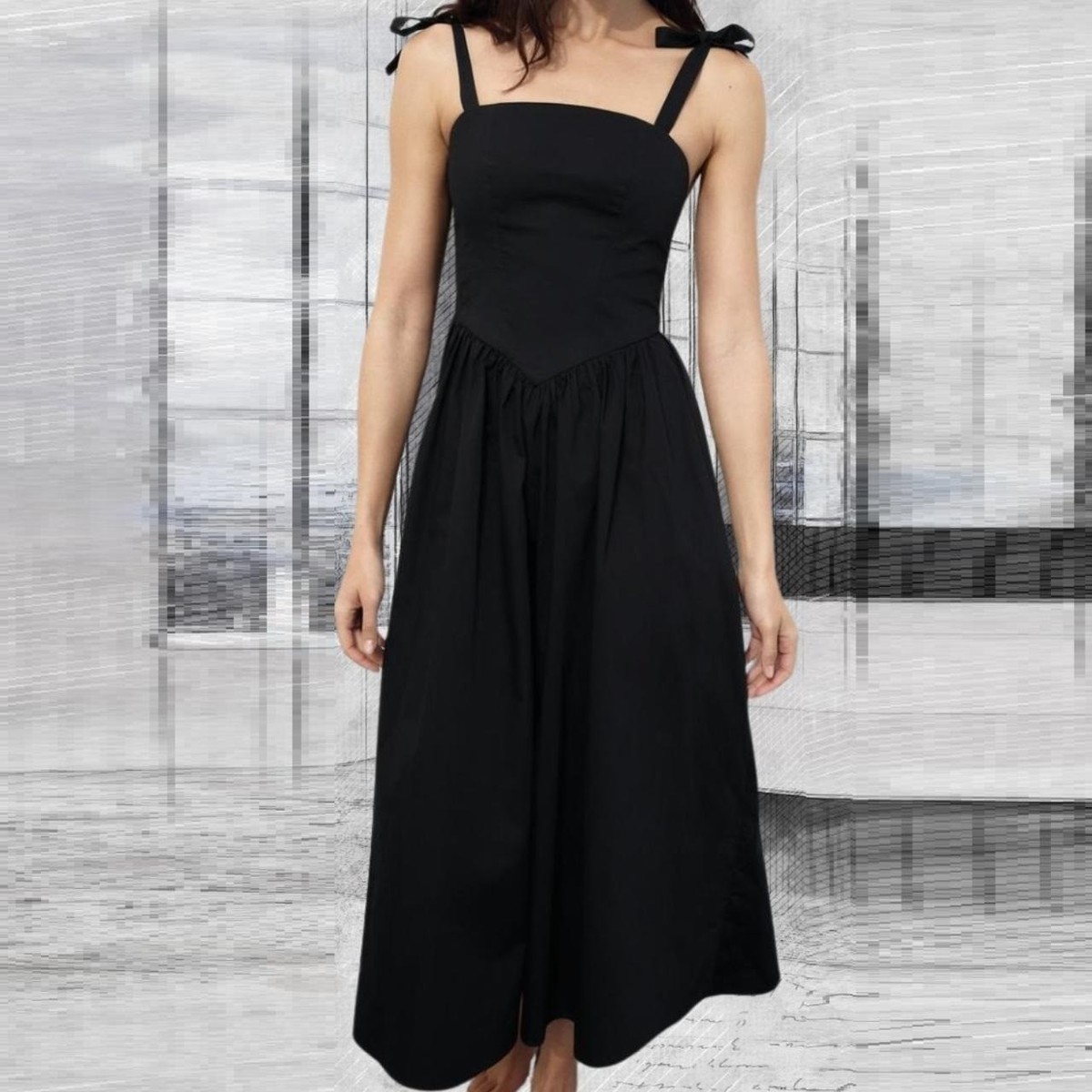 ZARA BLACK POPLIN STRAPPY MIDI LONG FLOWING VOLUMINOUS DRESS WITH