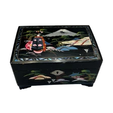 Vintage Japanese Music Jewelry Box Inlaid Abalone Geisha Mt Fuji Scenic Japan