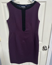 Tahari Purple/Black Colorblock Sheath Dress 14 V-Neck Sleeveless Lined Zip