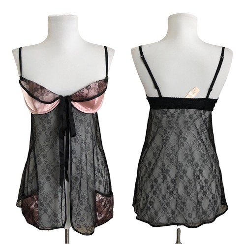 Victoria's Secret Slip In Maglia E Pizzo Nero Con Mini Giarrettiera - Taglia Small