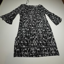 Calvin Klein Day Dress Size 12 Black White Ikat Design Sheath Bell Cuff Stretch