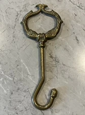 Vintage Large Solid Brass Fireplace Damper Pull Hook 9” Dolphins