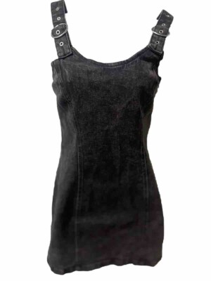 LEFTIES Short Black Buckel Denim Overall Dress Size M#21
