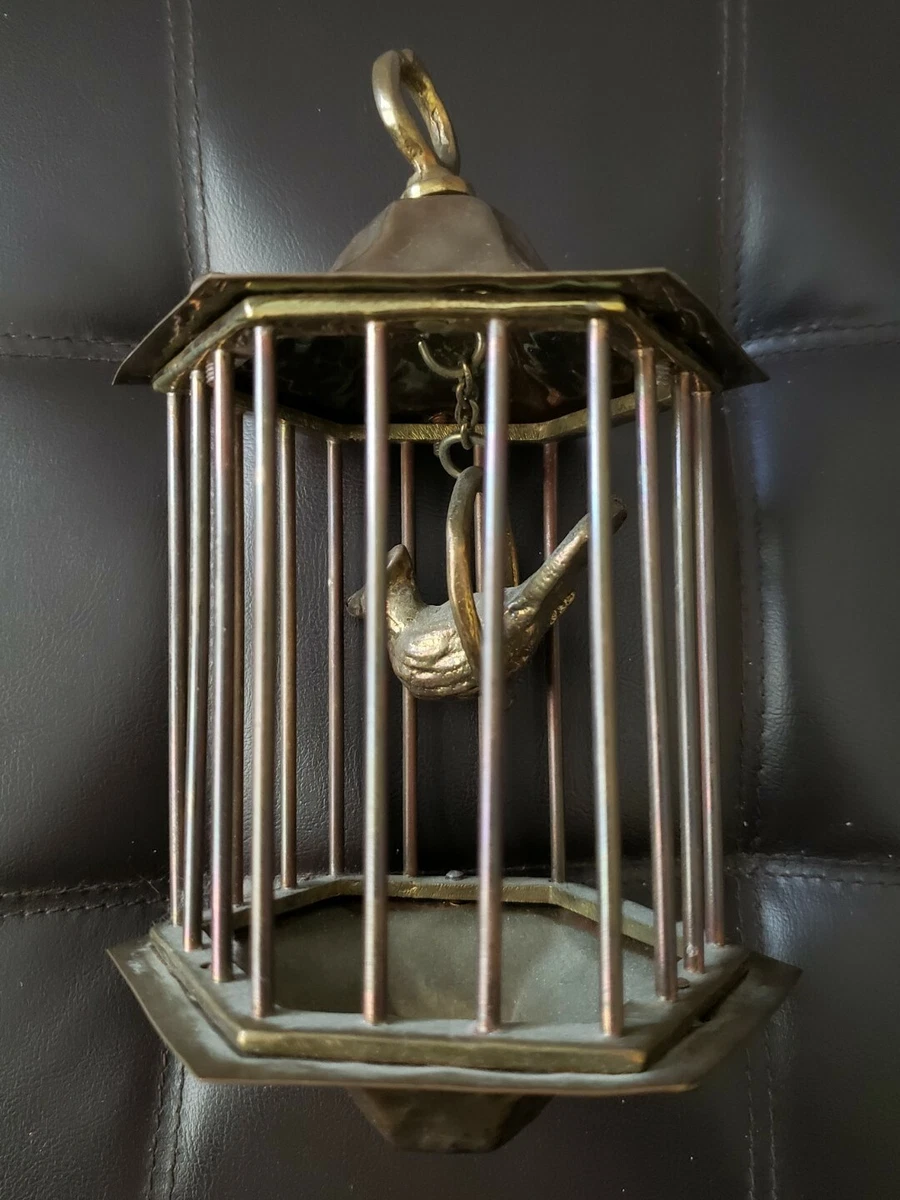 Hanging 7 1/2 Brass Bird Cage With Bird