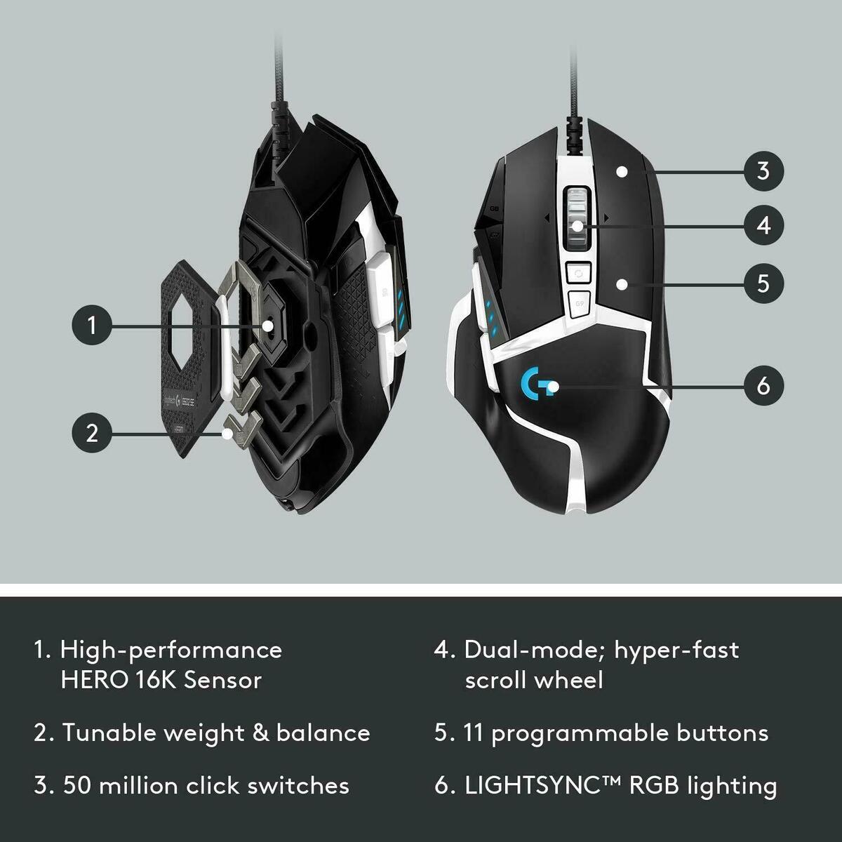 Logitech G502 Hero High-Performance Wired Gaming Mouse, RGB, 11  Programmable Buttons, Black 