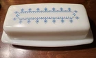 Vintage Pyrex Butter Dish Snowflake Pattern 6.5 x 3" Blue White Kitchen Retro