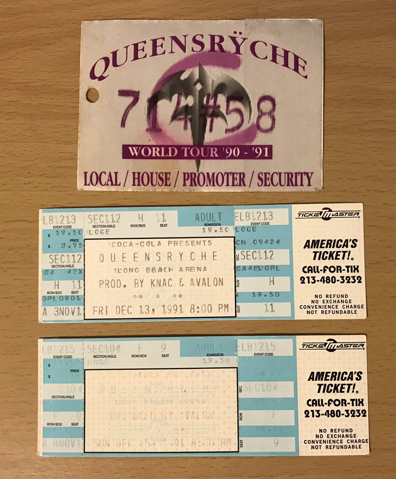 1991 QUEENSRYCHE LONG BEACH 12/13 & 12/15 CONCERT TICKET STUB BACKSTAGE PASS LOT