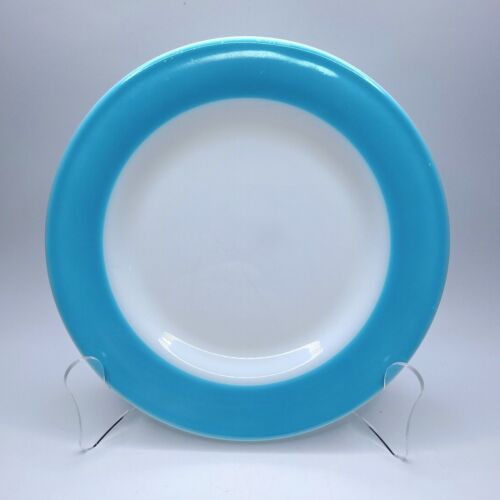 Vintage Pyrex Milk Glass Turquoise Aqua Blue Rim 8" Plate Exc Cond Vol. Price - Afbeelding 1 van 4
