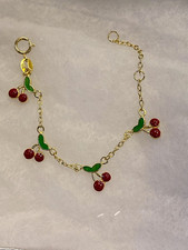 New BABY BRACELET 4 1/2" 14 KARAT GOLD over 925 STERLING SILVER ENAMEL CHERRY