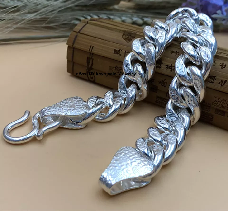 Solid 999 Fine Silver Chain 7mm-18mm Fu Pattern Cuban Curb Link Bracelet 6-9inch - Image 2 of 4