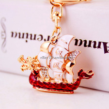 Loong Boat Crystal Rhinestone Keychain Pendant Bag Purse Car Key Chain Ring