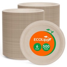 6 Inch Disposable Compostable Small Paper Plates, 500 Pack Recycled Sugarcane