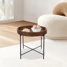 Foldable Braided Round Side Table w/Removable Tray, Imitation Rattan End Table