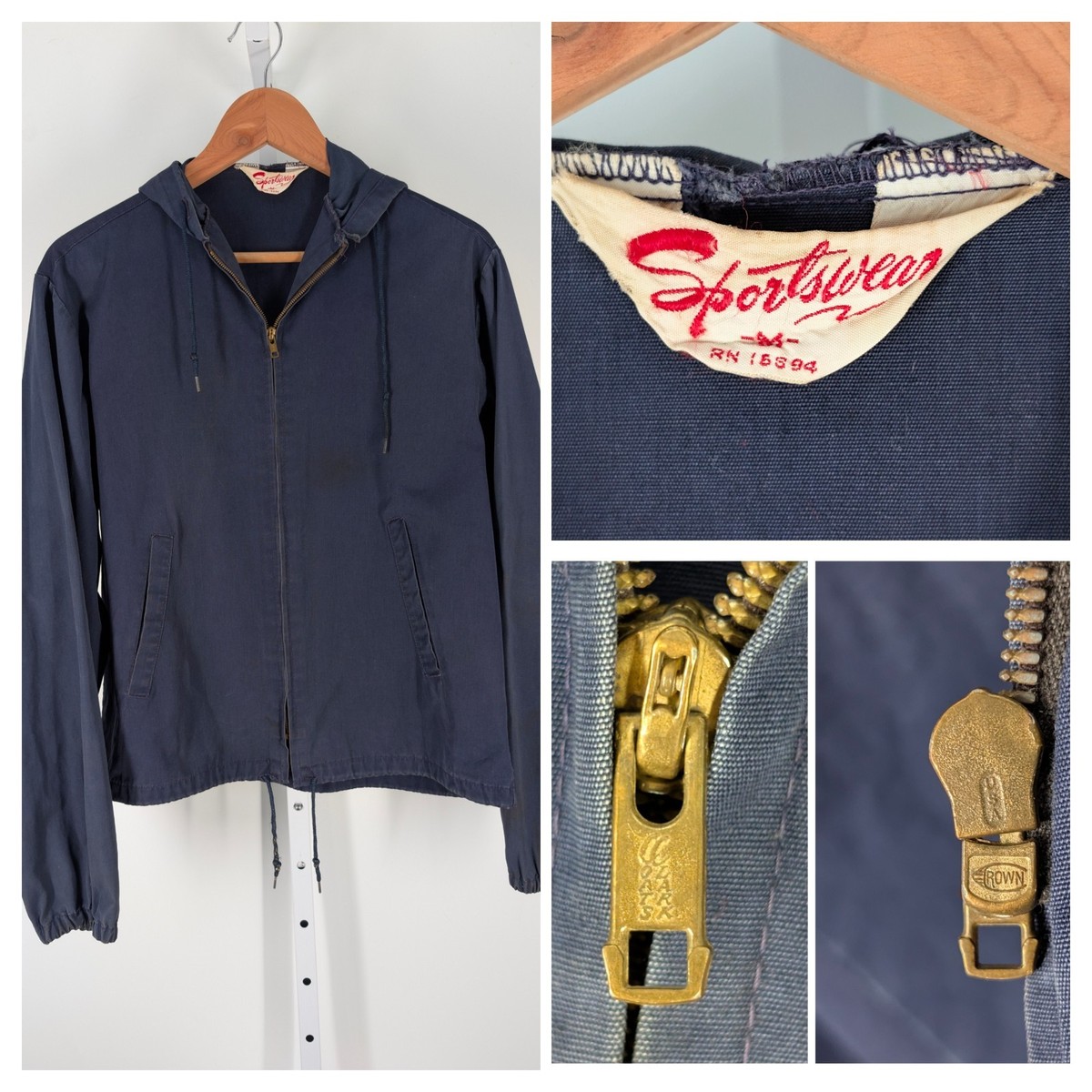 【Special】50s vintage hoodie fade navy Sportswear Vintage 50s Faded Indigo Twill Work Crown Zipper Hoodie