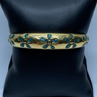 MMI 14k Yellow Gold Hollow Green Resin Flowers Hinge Cuff Bracelet 12.2g