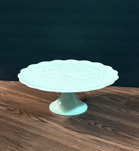 Beautiful Rare Fenton Spanish Lace Turquoise Milk Glass Cake Stand Excellent