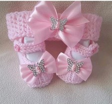 Hand knitted Romany Bling baby girls booties/shoes/Crochet headband.0-3 months
