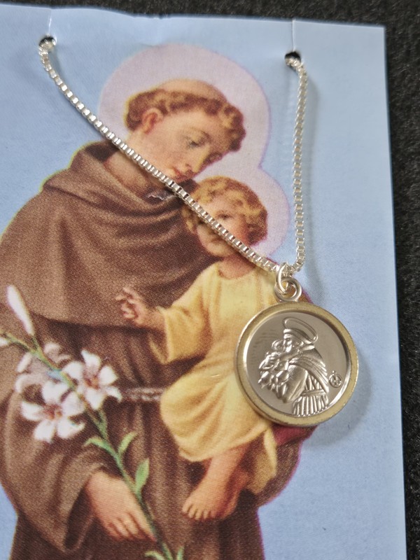 Vintage St. Anthony Miracle Prayer Card & Medal Pendant Necklace Catholic