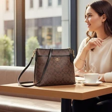 Coach Crossbody File Bag Brown Black Signature Canvas Leather Trim