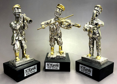 Three H. Karshi 925 Silver Gilded Vintage 1950s Hassidic Musician Figurines SS42