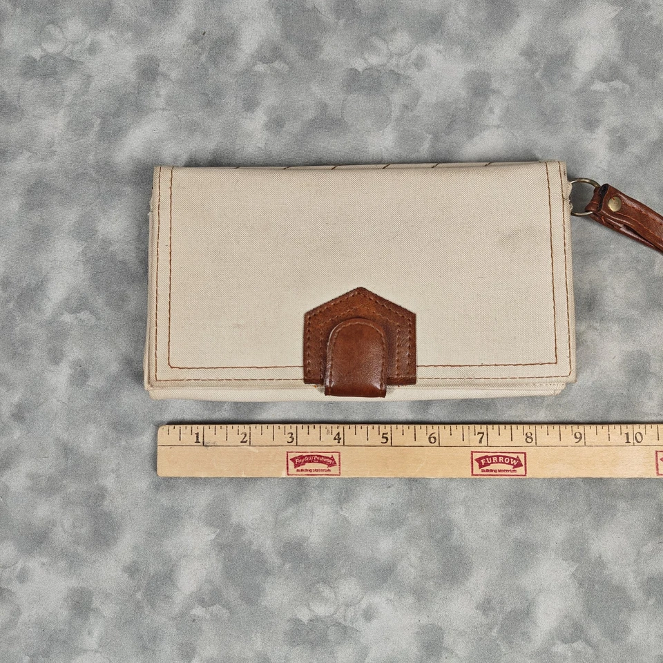 Cartera sin asas vintage beige lona marrón imitación cuero hecha en Taiwán Foto 4 de 4