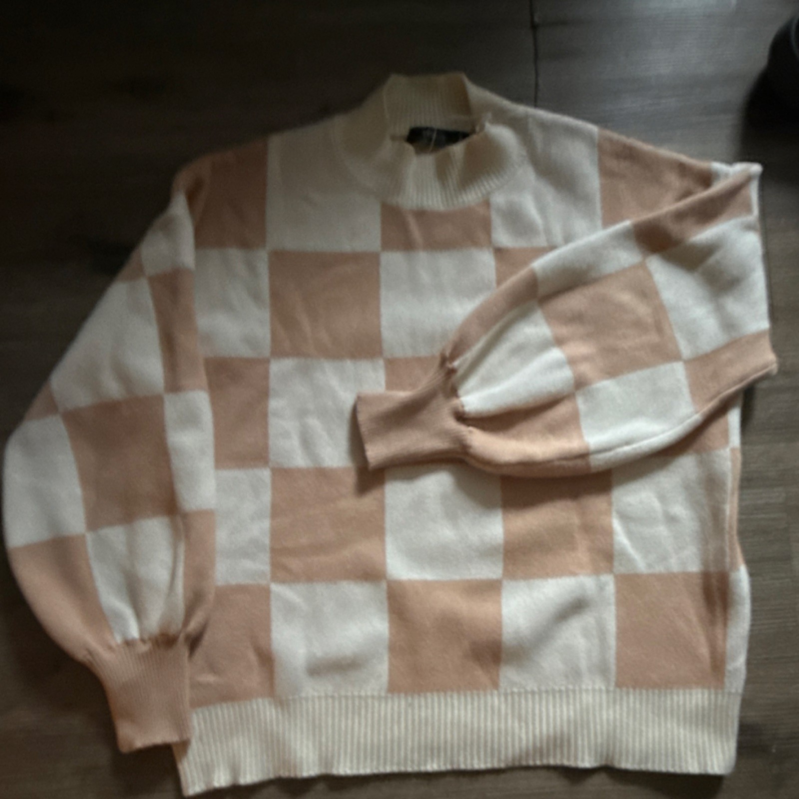 ZESICA XL Checkerboard Knit Pullover Sweater Mock Neck Beige White Women