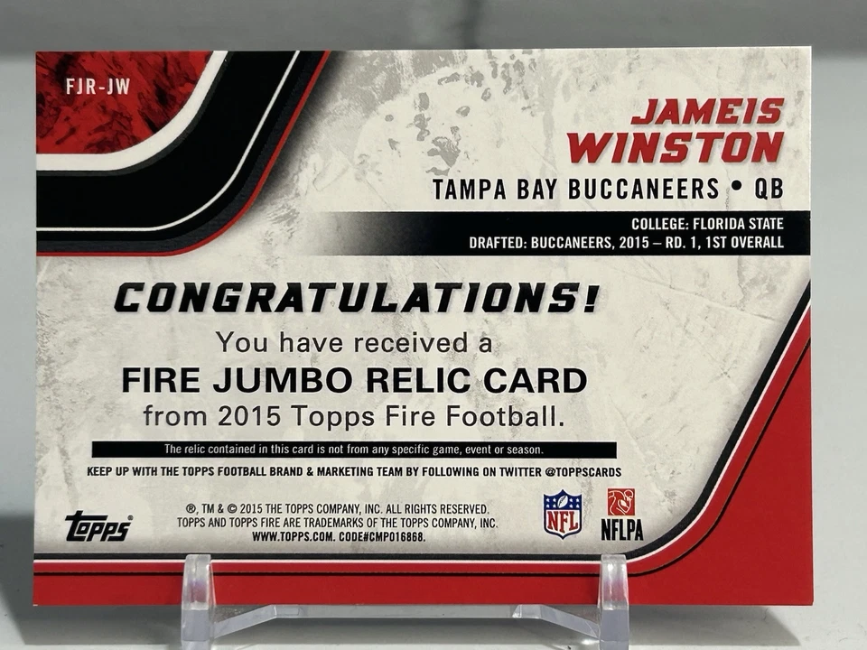 Jameis Winston 2015 Topps Fire Rookie Jumbo Blue Relic Jersey Card RC 67/75 - Image 2 of 2