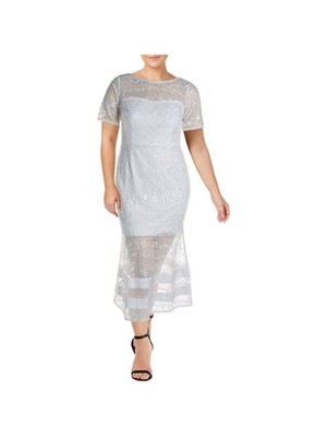 AIDAN MATTOX Womens Ivory Lace Short Sleeve Jewel Neck Midi Party Dress 2