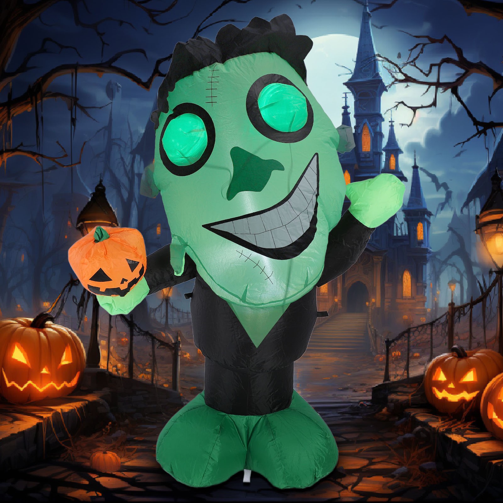 3.9ft Inflatable Green With Pumpkin Big Eyes LED Lights Outdoor Yard
