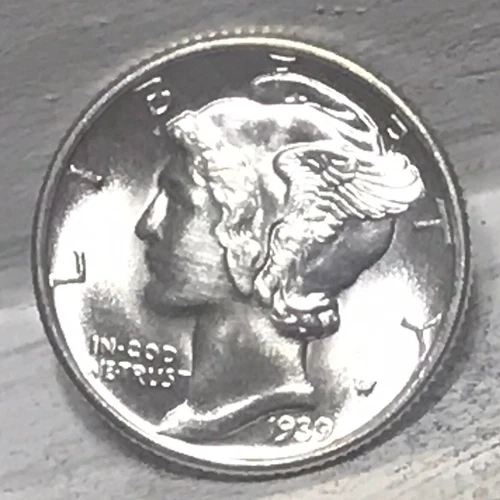 1939-D Bright White BU Mercury Silver Dime FSB with Luster. Full Split Bands C