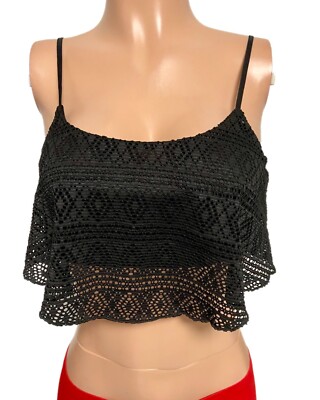 Y2K Black Ruffle Laser Cut Lined Adj Straps Crop Cropped Top Boho Beach Party