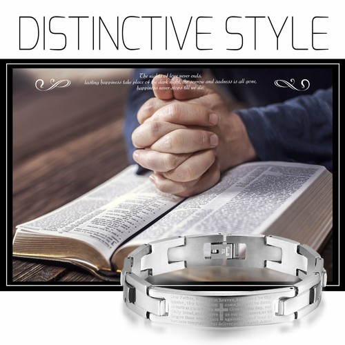 Mens Stainless Steel Cross English Bible Lords Prayer Bangle Bracelet Wristband - Picture 6 of 18