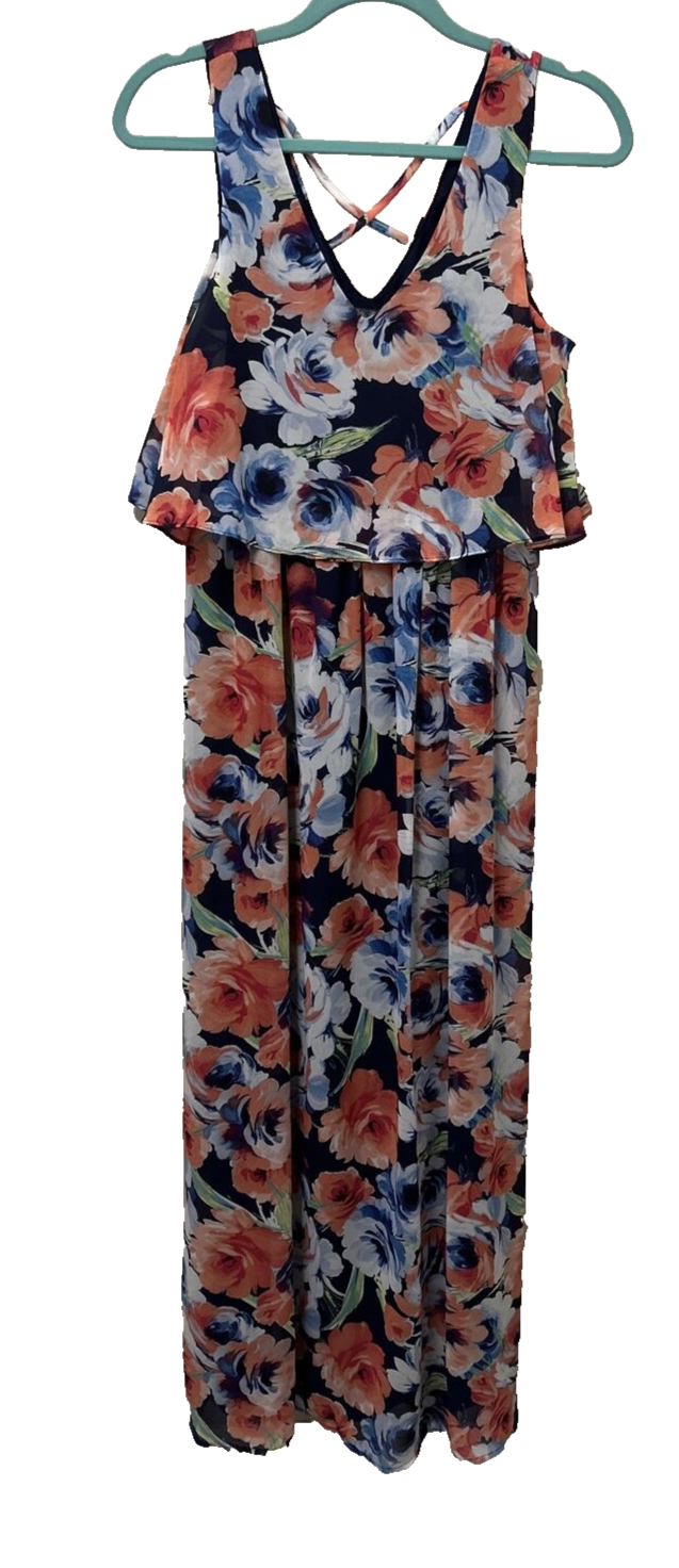 Lily Rose Womens Red & Blue Floral Chiffon Maxi Dress for Romantic Girlhoodcore Style  