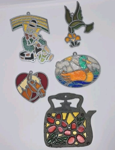 Suncatcher Lot 5 VINTAGE LEADED Stained Glass , Duck, Bird, Horse, Clown, TeaPot - Picture 2 of 3