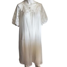 Vintage 60s Sheer White Nylon and Lace Chiffon Peignoir Robe Puffed sleeves Sear