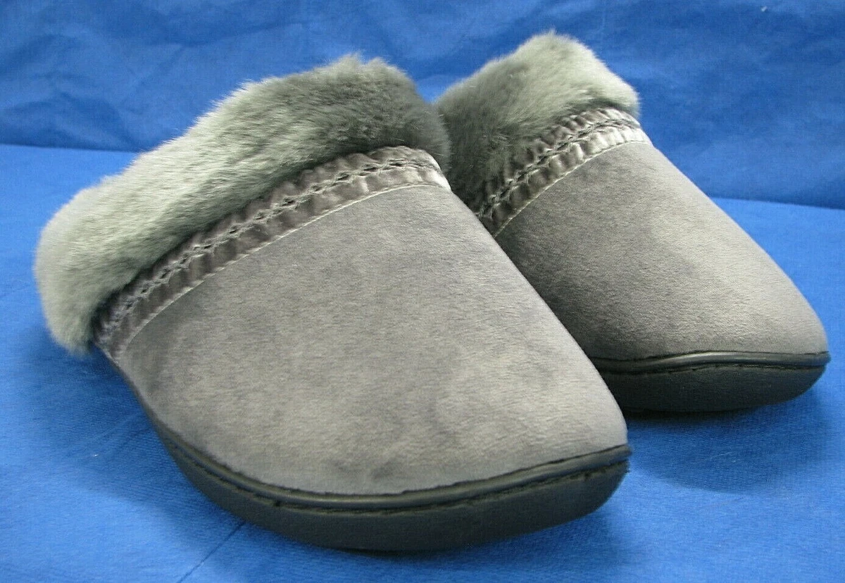 ISOTONER Addie Hoodback GRAY MICROSUEDE FAUX FUR House Shoes